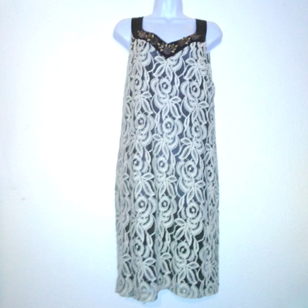 Ellen Tracy Lace Overlay Black Sleeveless Sheath Dress With Embellished Neckline